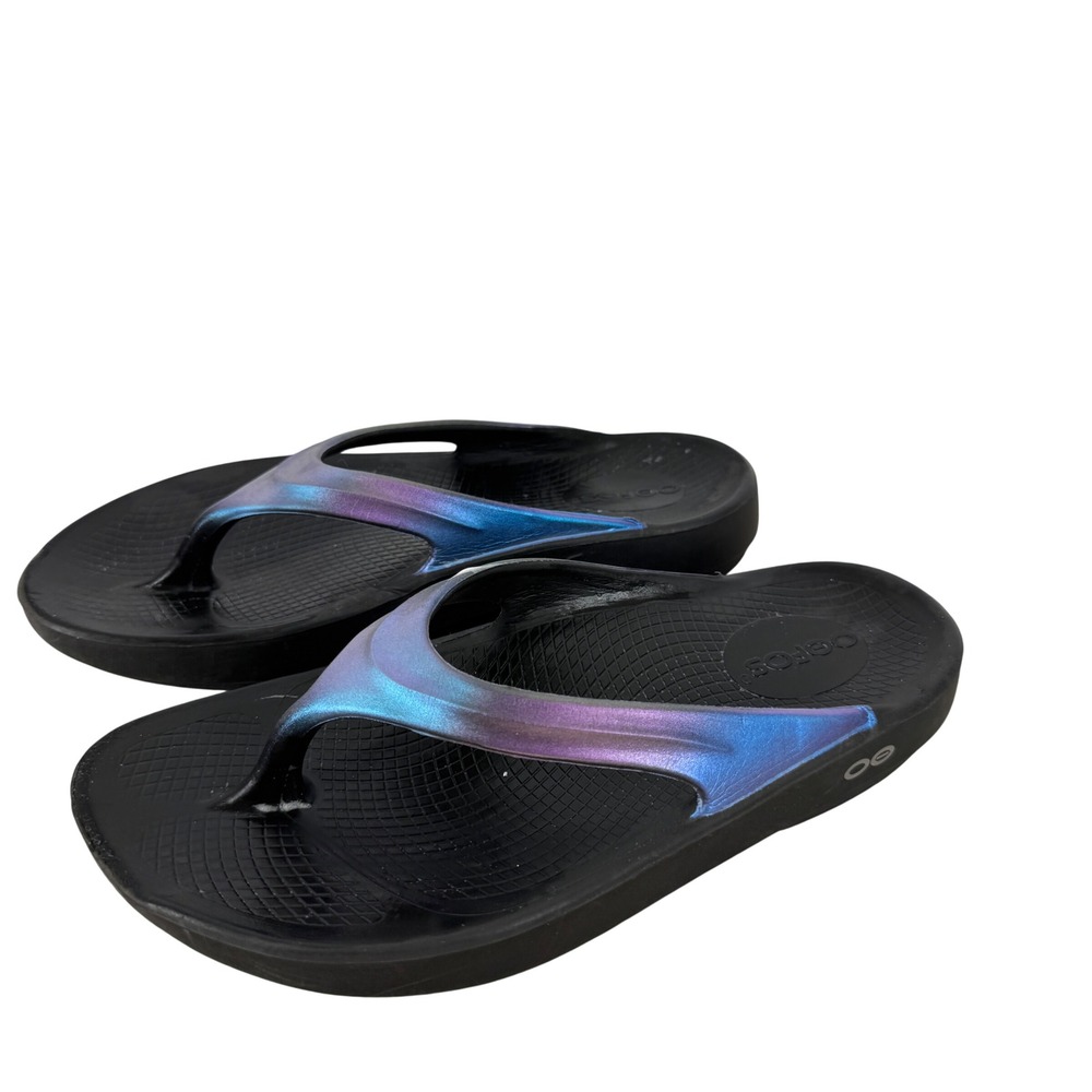 OOFOS OOlala Black Iridescent Metallic Recovery Sandals Womens Size 6 EU 37